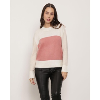 Suéter Feminino Tricô Bicolor Luv Rosa