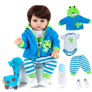 48cm Bebê Boneca Reborn Menino Olhos Castanhos Cabelo Curto Roupas Sapo IG-580