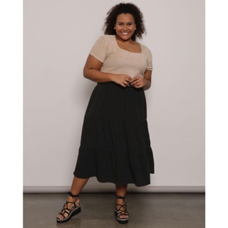 Saia Feminina Plus Size Liocel Midi Três marias Preto