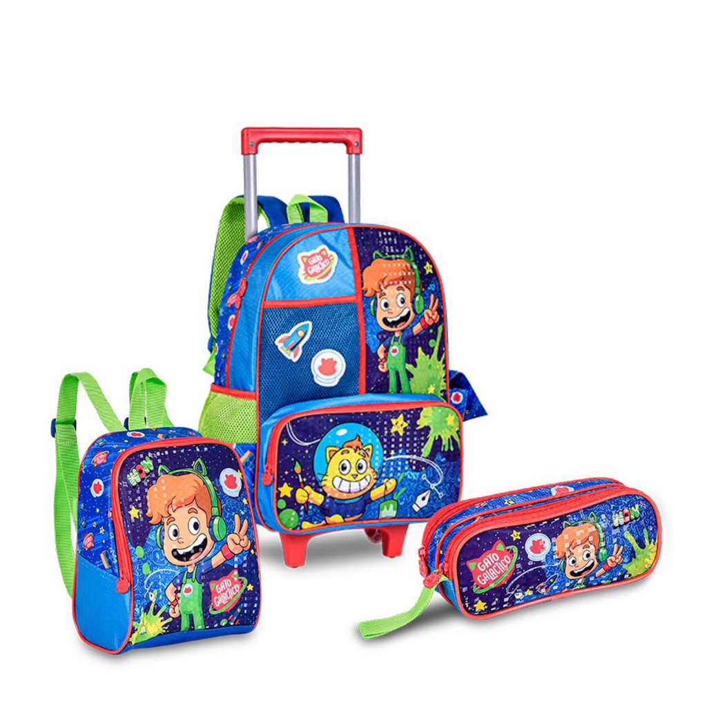 Mochila de Rodinhas Escolar Infantil Gato Galáctico Desenhos Colorir - Azul