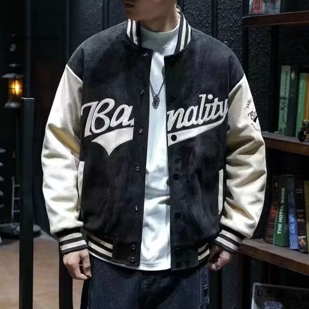 ZNCE_ Men Casaco De Beisebol Casual Solto Masculino De Camurça Com Bordado Bolsos Laterais De Colarinho Da Moda E Patchwork Colorido Para O Sudeste