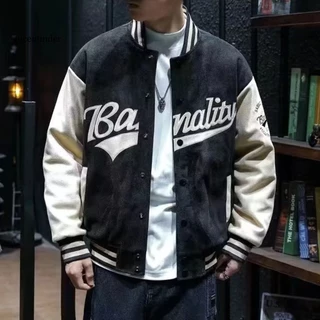 ZNCE_ Men Casaco De Beisebol Casual Solto Masculino De Camurça Com Bordado Bolsos Laterais De Colarinho Da Moda E Patchwork Colorido Para O Sudeste