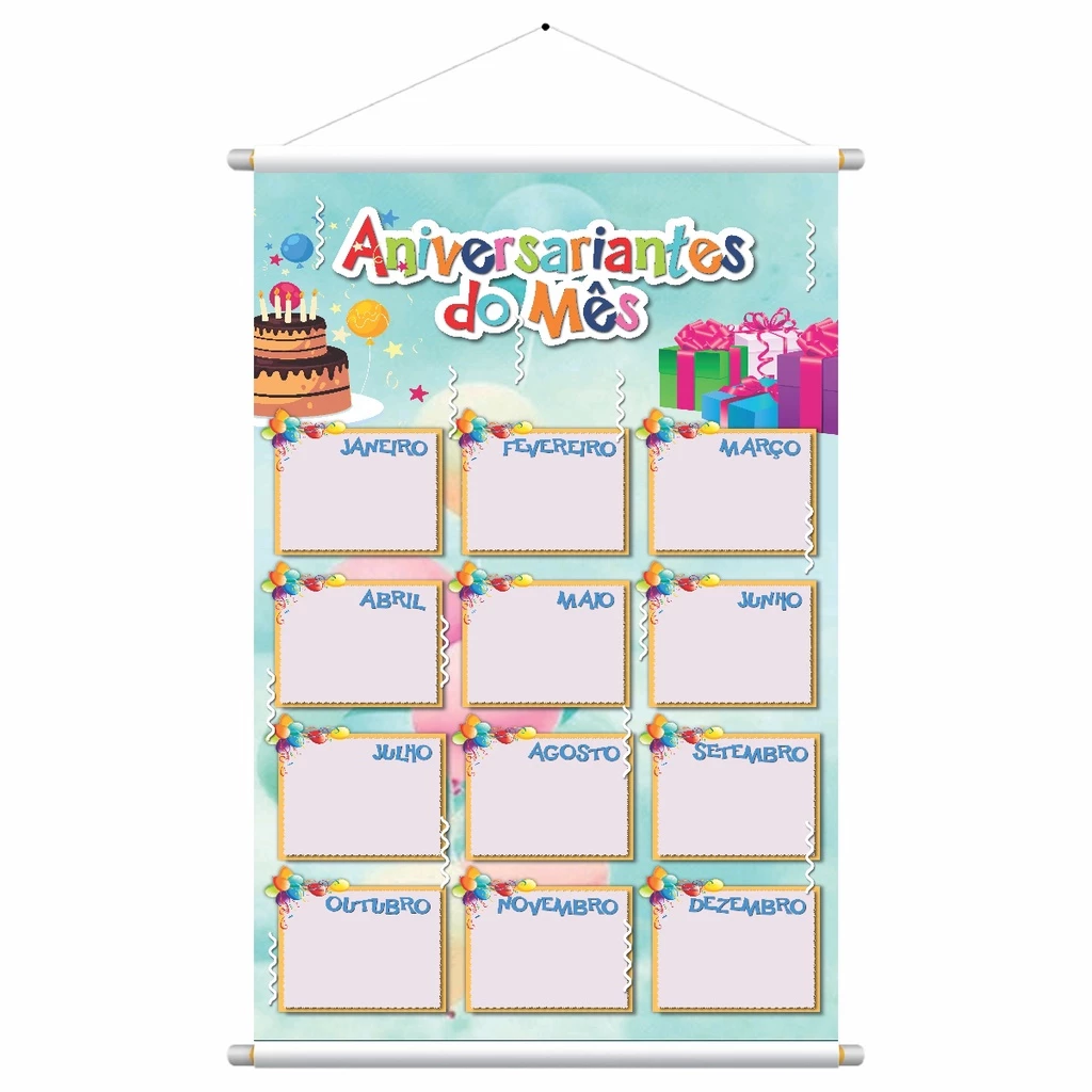 Banner Pedagógico Calendário Aniversariantes do Mês 50x80cm - Didático Educação Infantil Alfabetização Lista de Aniversariantes Educacional Interativo Ensino Aula Professor Aluno Pais Educadores Ferramenta Equipamento Escola Reforço Escolar Educativo