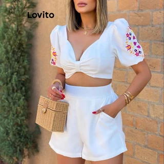 Lovito Casual Conjunto Feminino Liso de Shorts com Bordado Nó e Desenho LNL41058