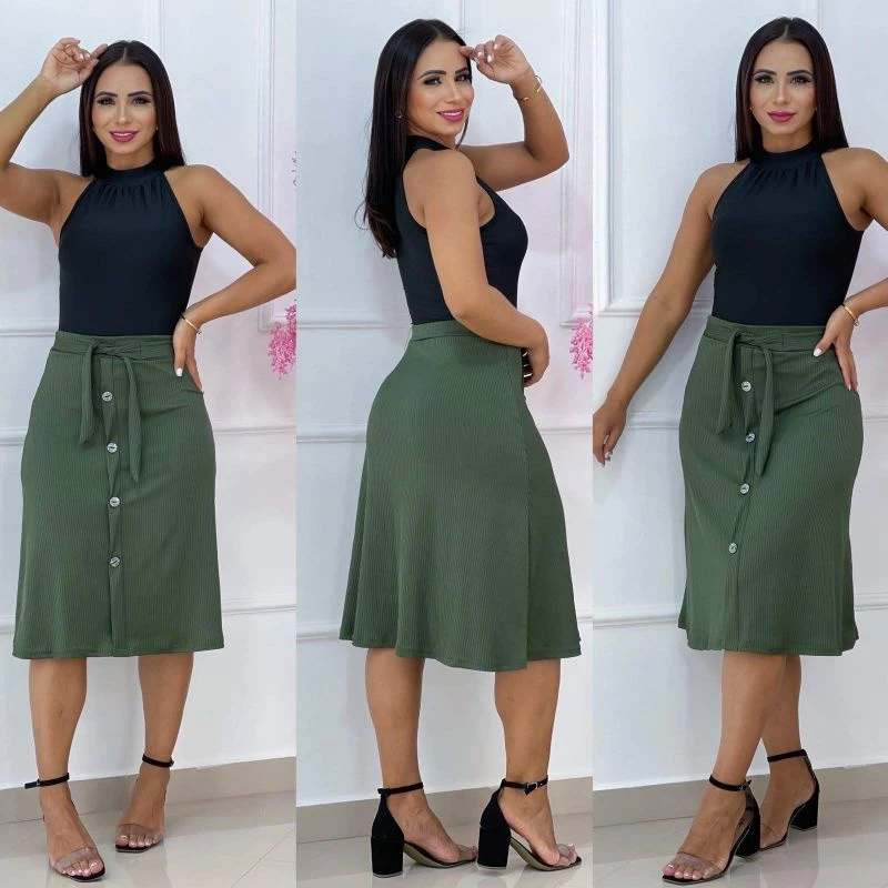 Saias Kit Com 2, Amarração e botões Lisa Canelada Tamanho G ou GG, Veste do 40 ao 44 Novidade Verão