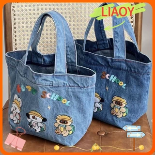 LIAOYING Saco De Almoço , Denim Lavado Tote De Grande Capacidade , Bordado De Cartoon Bonito Armazenamento De Alimentos Ao Ar Livre