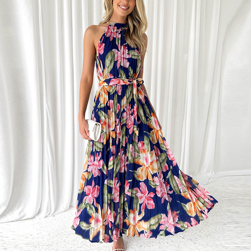 Vestido de cabresto sem mangas Impresso Casual de Férias Grande Swing