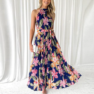 Vestido de cabresto sem mangas Impresso Casual de Férias Grande Swing