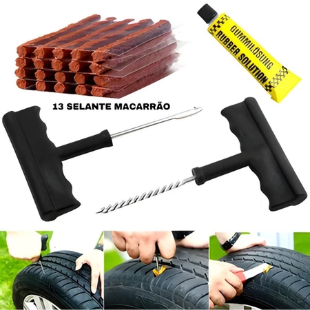 Kit Reparo Pneu sem Camara para Carro e Moto + 20 Refil Selante Macarrão Remendo