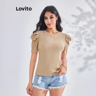 Lovito Camiseta Feminina Casual Lisa Jacquard Manga Bufante Com Zíper Frontal E Bolsos LBE03018 (Damasco)