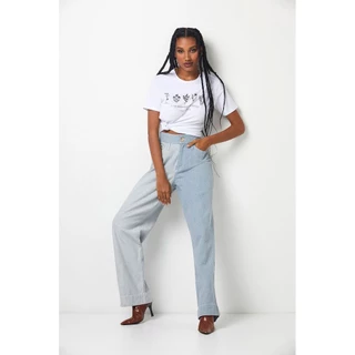 Calça Feminina Jeans Wide Leg Délavé Planet Girls Jeans Claro