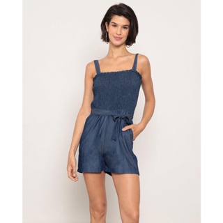 Macaquinho Jeans Feminino Lastex Azul Escuro