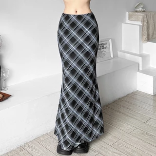 Estranho Puss Women Vintage Plaid Print High Waist Slim Saias Longas Estilo Americano De Gaze Design Casual Saia Em Linha A