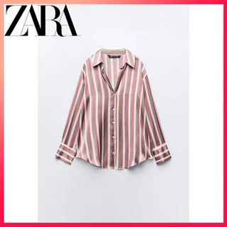 ZARA Outono Nova Camisa Feminina Listrada De Cetim De Seda