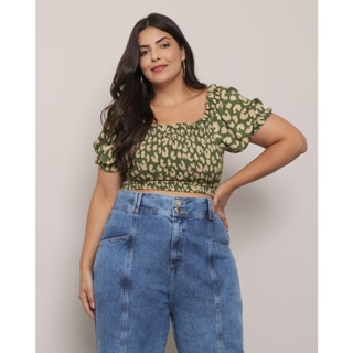Blusa Plus Size Feminina Cropped Lastex Estampada Verde