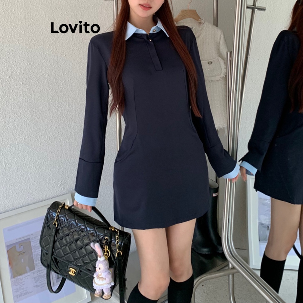 Lovito Vestido Casual 2 Em 1 Com Costura Em Tecido Liso E Botão Liso Para Mulheres LNE29088 (Azul-Marinho)