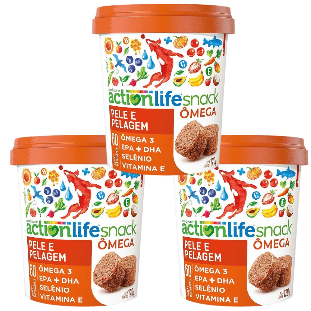 kit 3 Actionlife OMEGA Suplemento Snack Cães Pele e Pelagem