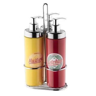 Kit Para Molhos Condimentos 4 Peças Bisnaga Ketchup Maionese Com Suporte Estampa Retrô Restaurante Mesa