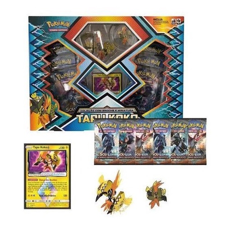 Box Tapu Koko Pokemon Com Miniatura, Carta E 6 Booster