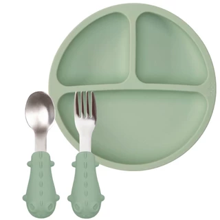 Conjunto Pratinho C/ Divisórias E Ventosas Talheres Em Silicone E Aço Inox Buba