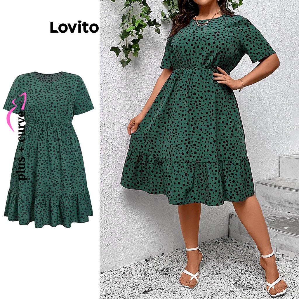 Lovito Vestido Feminino Plus Size Curvo Casual Com Bolinhas E Babados LBL06044 (Verde Escuro)