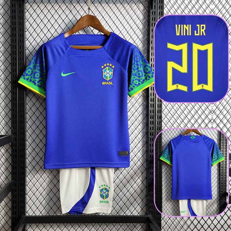 Kit Conjunto Infantil Crianças Camisa e Calção Seleção Brasil Away