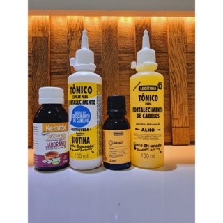 KIT CRESCIMENTO E HIDRATAÇÃO CAPILAR(tônico de alho100ml+tônico biotina100mlgota dourada+óleo de rícino 30ml farmax+keratex bomba crescimento 60ml)