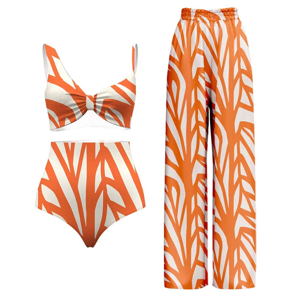 Nova moda praia festa maiô feminino de cintura alta calça quente biquíni três em um calça de praia blusa laranja terno