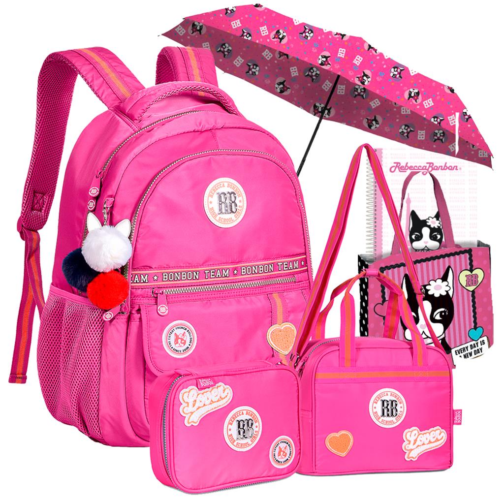 Kit Mochila Costas Estojo Lancheira RB College Guarda Chuva Caderno Bolsa Rebecca Bonbon Original Colegial Adolescente Pompom Meninas Lancamento