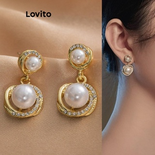 Lovito Brincos Elegantes Retrô Com Pérolas De Metal De Strass Liso Casual Para Mulheres LCS05117