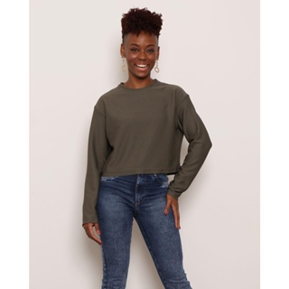 Blusa Feminina Cropped Manga Longa Canelada Verde