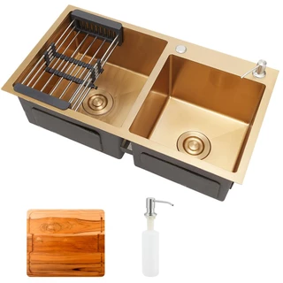 Cuba para cozinha pia dupla em aço inox com acessórios e tábua de corte Awá Pingoo - Dourado em Oferta na Shopee