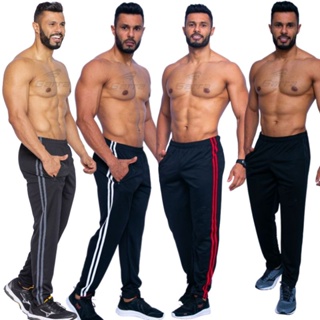 Calça masculina para atividade física em academia e corrida com cordão listras na lateral e bolso com zíper