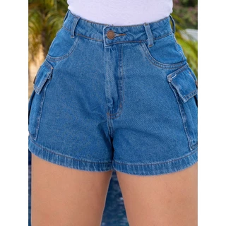Shorts Jeans Feminino Cargo Com Bolsos Moda Verão Fashion