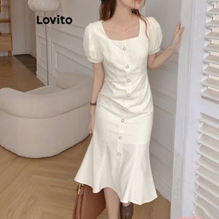 Lovito Vestido Simples com Botão na Frente e Babados para Mulheres LNE17097 (Branca)