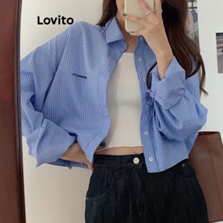 Lovito Blusa Casual Listrada Com Botão Frontal Para Mulheres LNE31211 (Azul)
