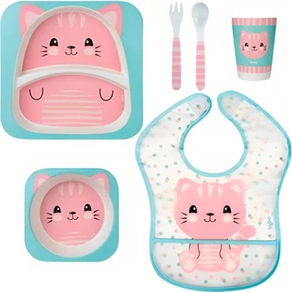 Kit Refeição Feito Em Bambu Mais Babador Com Bolso Gatinho - Buba