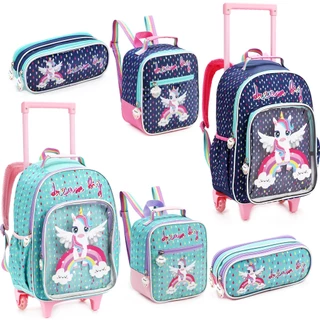 Mochila Escolar Rodinhas Lancheira Estojo Infantil Unicornio