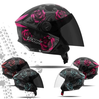 Capacete Aberto Feminino New Liberty 3 Flowers Pro Tork Moto Fosco e Brilhante Viseira Cristal Fume
