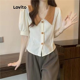 Lovito Blusa Casual Patchwork Colorblock Com Botão Frontal Contrastante Com Gola E Botão Embelezado Para Mulheres LNA41048