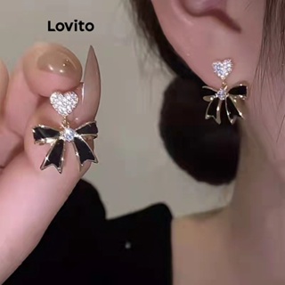 Lovito Brincos Românticos Em Formato De Coração Com Laço De Strass S925 Luz Luxo Francês Retrô Para Mulheres LFA11557
