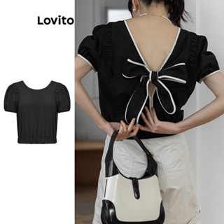 Lovito Camiseta Feminina Casual Com Laço Liso Nas Costas E Contraste L74ED243