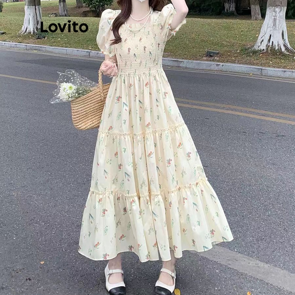 Lovito Vestido com Babados de Renda e Mangas Bufantes Simples Casual para Mulheres LNE13069 (Multi-Cor)
