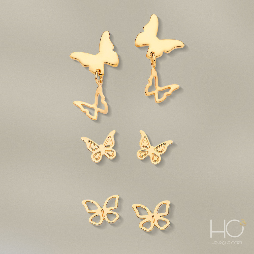 Kit Brincos Rommanel 1º 2º e 3º Furo Borboletas Banhado a Ouro 18k