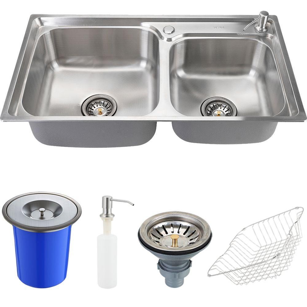 Cuba para cozinha pia dupla gourmet inox Potiguara com lixeira e acessórios Pingoo