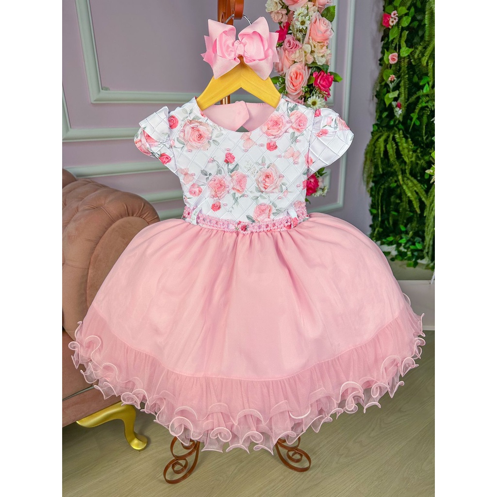 Vestido Menina Bonita Peito Florido Perolas Rose | Shopee Brasil