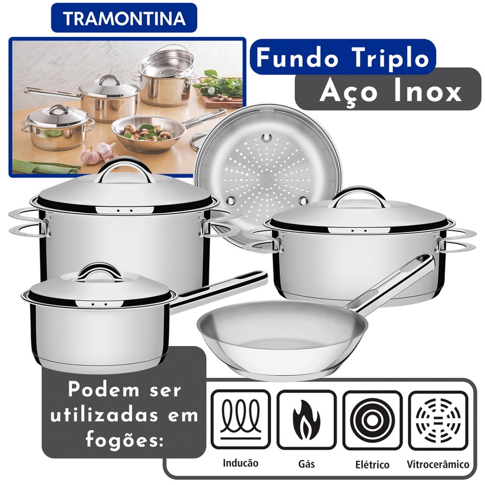 Jogo de Panelas Tramontina Solar Inox 5 peças Fundo Triplo