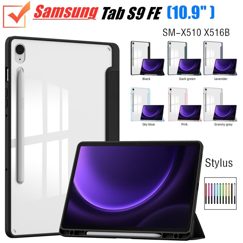 Para Samsung Galaxy Tab S9 FE 10.9 SM-X510 X516B Folio Shell Smart Clear PU Capa De Couro À Prova De Choque Com Porta-Caneta