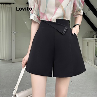 Lovito Shorts Casuais Lisos Assimétricos Com Botões Para Mulheres LNE33125 (Branco/Azul/Preto)
