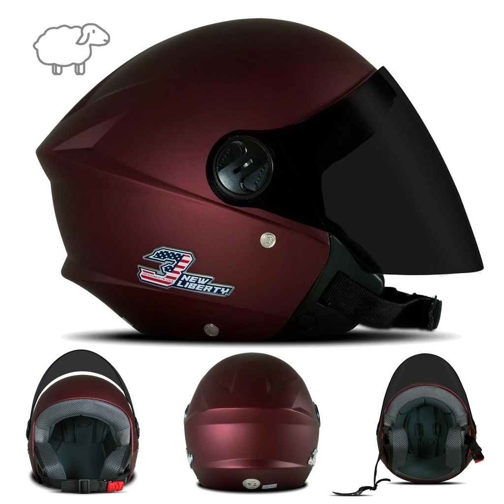 Capacete Aberto Moto New Three Elite Liberty Pro Tork Feminino Masculino Viseira Fume ou Cristal Motoqueiro Motoclista Lançamento Oferta Promoção